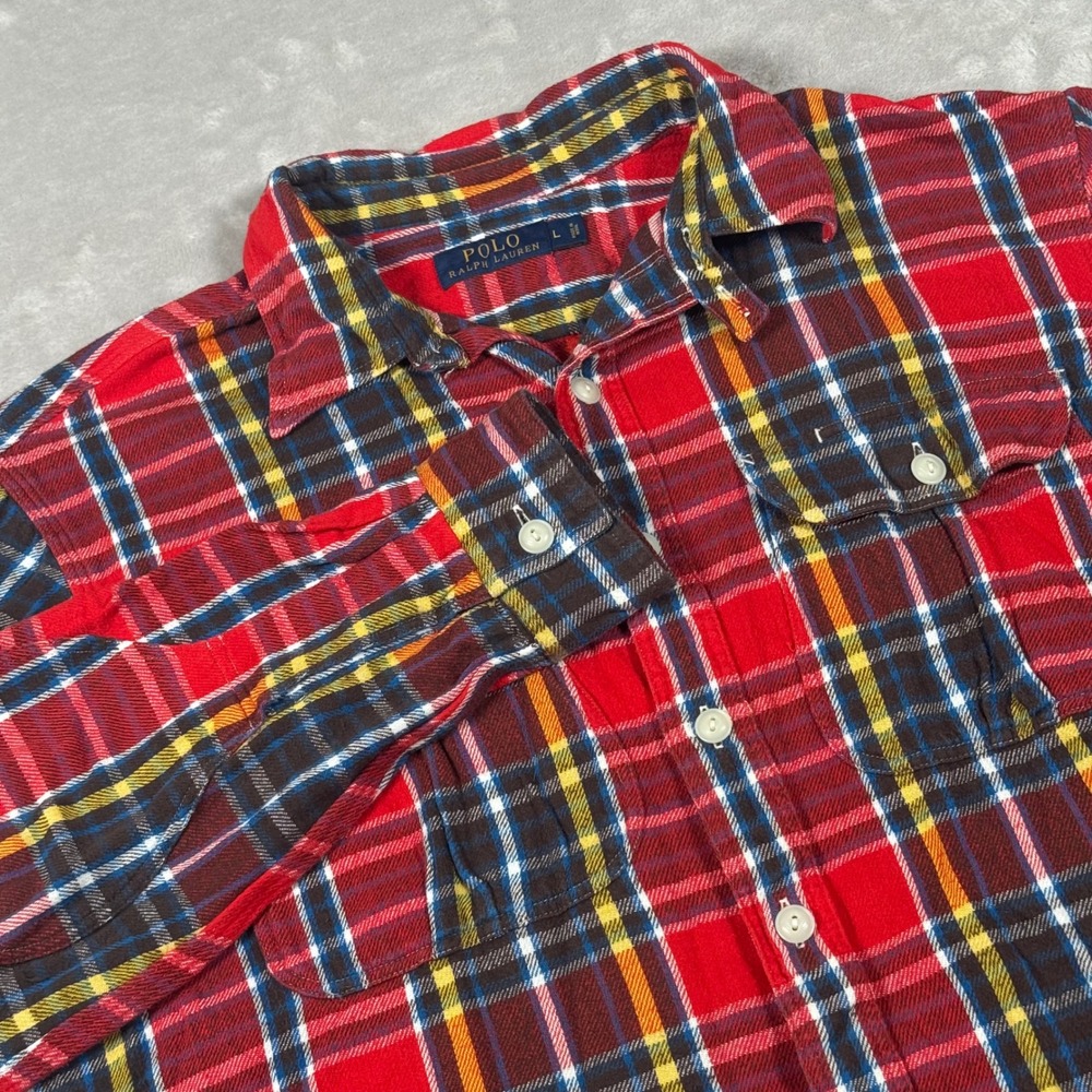 Polo Ralph Lauren Flannel Shirt Mens L Red Plaid Cotton Elbow Patch Long Sleeve